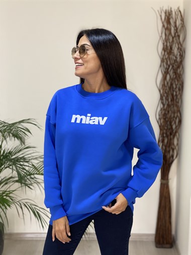 Mavi Yazı Baskılı Bisiklet Yaka Basic Kadın Sweatshirt