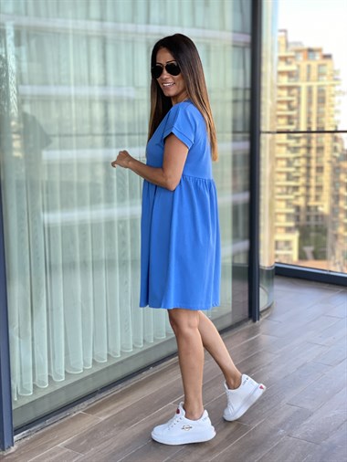 Mavi Mini Robadan Penye Elbise