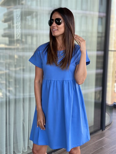 Mavi Mini Robadan Penye Elbise