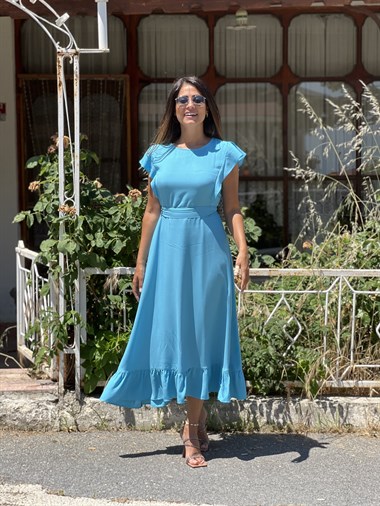Mavi Omzu Fırfırlı Eteği Volanlı Maksi Boy Kadın Elbise 
