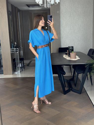 Mavi Ön Ve Arka Pileli Kısa Kol Kemerli Kadın Gömlek Elbise