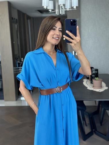 Mavi Ön Ve Arka Pileli Kısa Kol Kemerli Kadın Gömlek Elbise