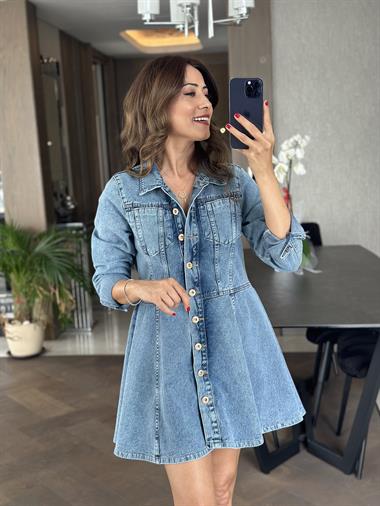 Mavi Önü İki Cepli Düğmeli Mini Kadın Kot Elbise