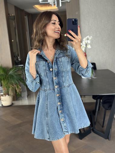 Mavi Önü İki Cepli Düğmeli Mini Kadın Kot Elbise