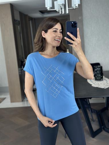 Mavi Önü Taşlı Modal Kadın T-Shirt