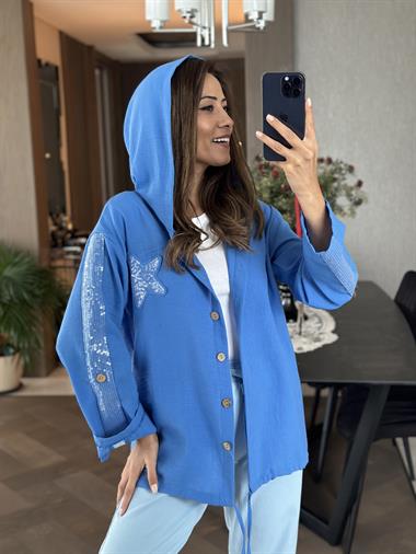 Mavi Önü Yıldız İşlemeli Kapüşonlu Keten Aerobin Kadın Ceket