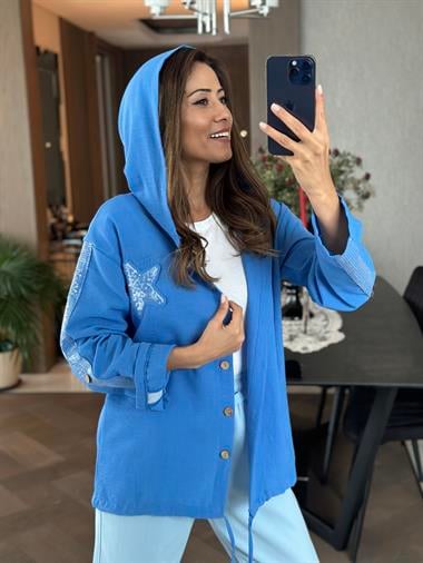 Mavi Önü Yıldız İşlemeli Kapüşonlu Keten Aerobin Kadın Ceket