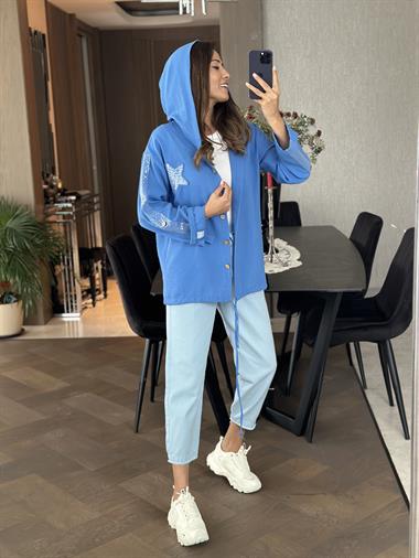 Mavi Önü Yıldız İşlemeli Kapüşonlu Keten Aerobin Kadın Ceket