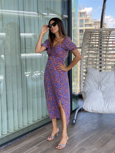 Eflatun Öpücük Yaka  Desenli Viskon Kadın Elbise