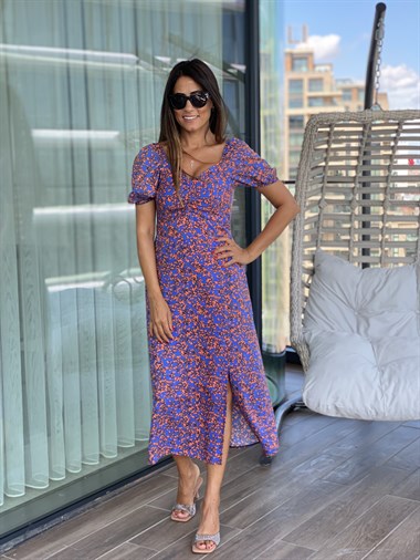 Eflatun Öpücük Yaka  Desenli Viskon Kadın Elbise