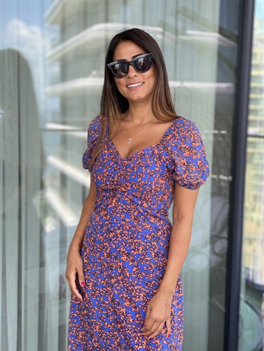 Eflatun Öpücük Yaka  Desenli Viskon Kadın Elbise