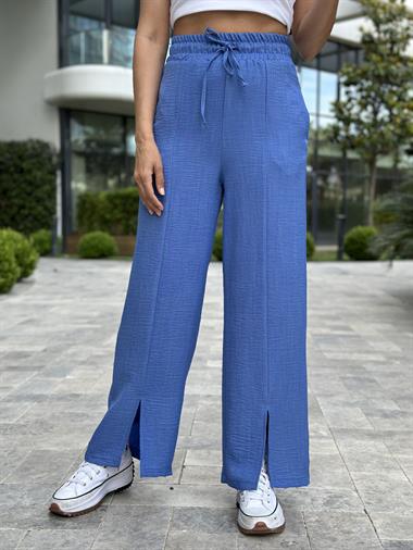 Mavi Paçası Yırtmaçlı Bağcıklı Tin Tin Kadın Pantolon