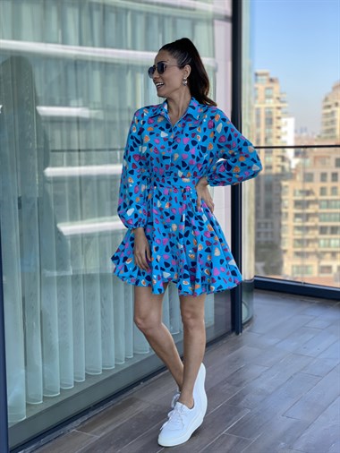 Mavi Parçalı Kuşaklı Gömlek Elbise