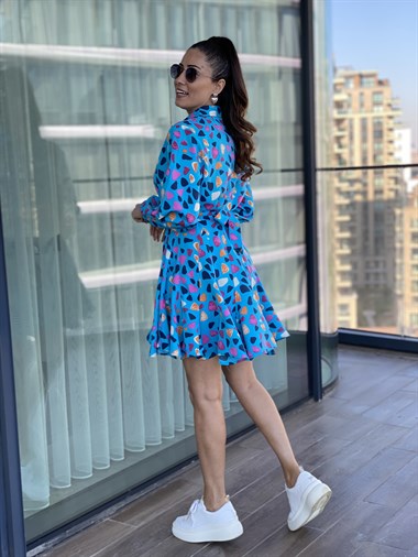 Mavi Parçalı Kuşaklı Gömlek Elbise