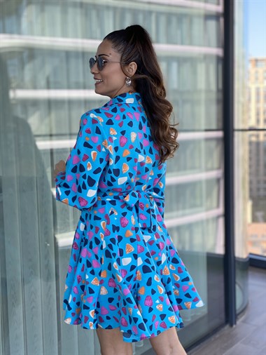 Mavi Parçalı Kuşaklı Gömlek Elbise