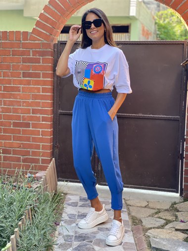 Mavi Paça Pensli Beli Lastikli Aerobin Kadın Pantolon