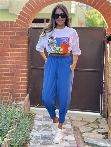 Mavi Paça Pensli Beli Lastikli Aerobin Kadın Pantolon