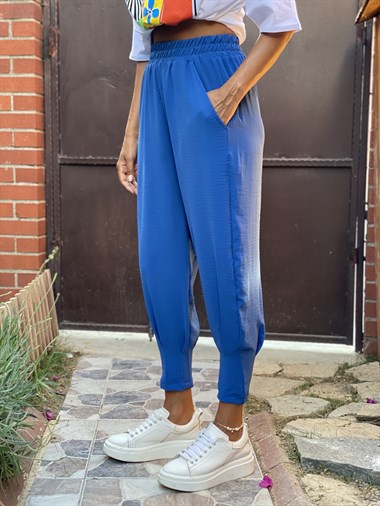 Mavi Paça Pensli Beli Lastikli Aerobin Kadın Pantolon