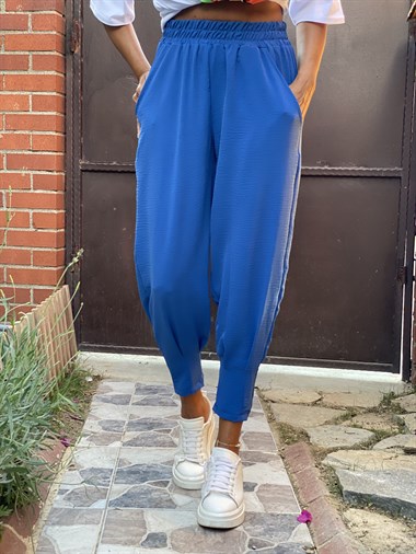 Mavi Paça Pensli Beli Lastikli Aerobin Kadın Pantolon