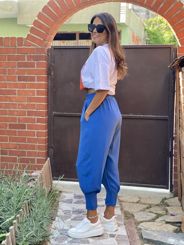 Mavi Paça Pensli Beli Lastikli Aerobin Kadın Pantolon