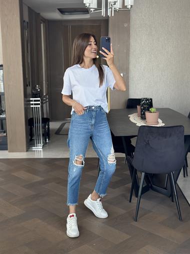 Mavi Poema Dizi Ve Paçası Yırtık  Kadın Mom Jean