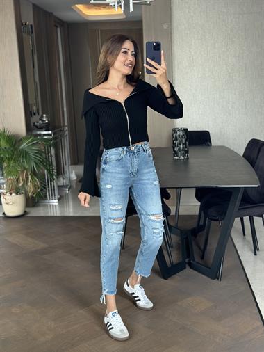 Mavi Poema Önü Ve Paçası Yırtık Detay Kadın Mom Jean Pantolon