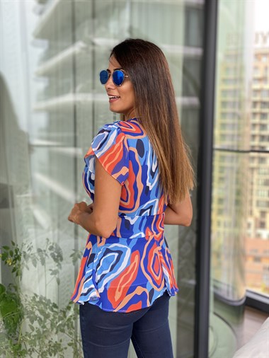 Mavi Renkli Kruvaze Yaka Şifon Kadın Bluz