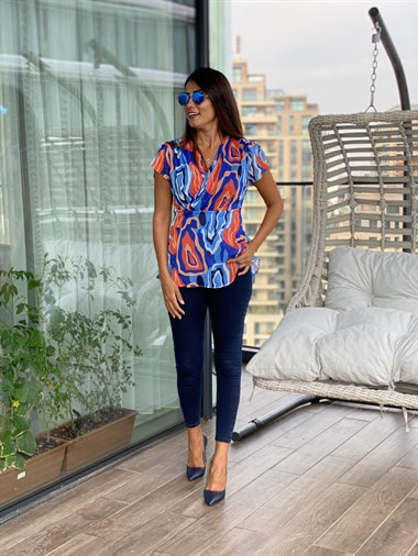 Mavi Renkli Kruvaze Yaka Şifon Kadın Bluz