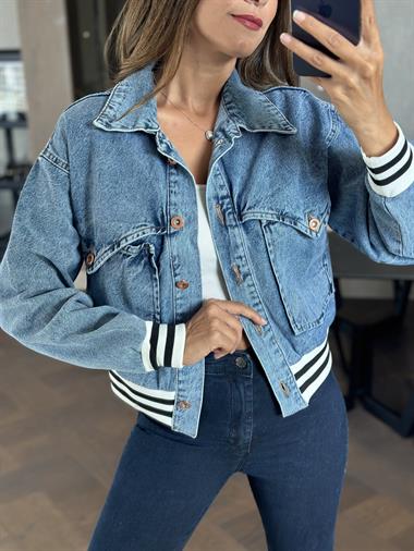 Mavi Ribanalı Kısa Kadın Kot Ceket