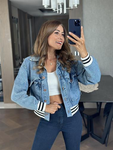 Mavi Ribanalı Kısa Kadın Kot Ceket