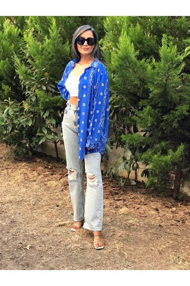 Mavi Şal Desen Oversize Gömlek