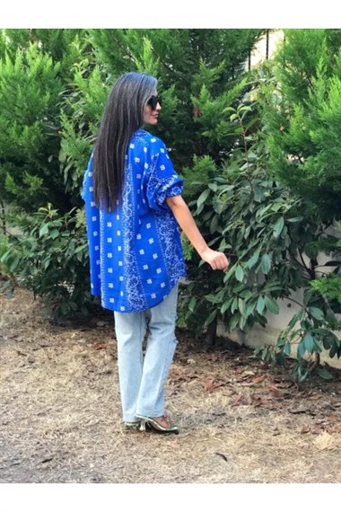 Mavi Şal Desen Oversize Gömlek