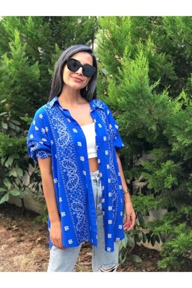 Mavi Şal Desen Oversize Gömlek