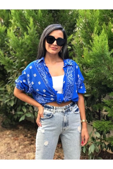 Mavi Şal Desen Oversize Gömlek