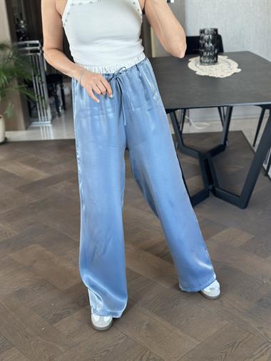 Mavi Saten Beli Varaklı Bağcıklı Kadın Pantolon