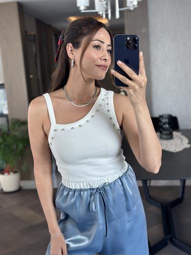 Mavi Saten Beli Varaklı Bağcıklı Kadın Pantolon