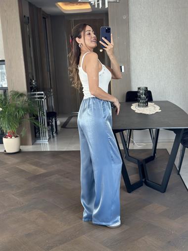 Mavi Saten Beli Varaklı Bağcıklı Kadın Pantolon