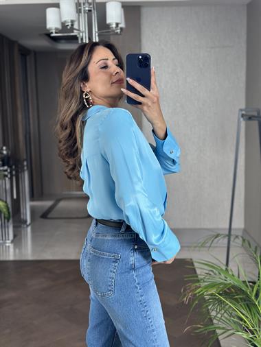 Mavi Saten Gold Düğmeli Uzun Kol Kadın Gömlek