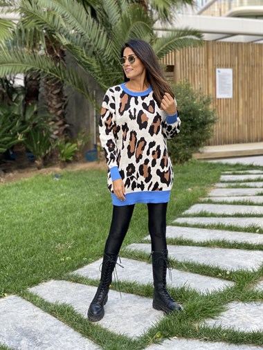 Mavi Şerit Detay Leopar Kadın Kazak