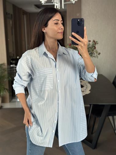 Mavi Tek Cepli Çizgili Poplin Kadın Gömlek