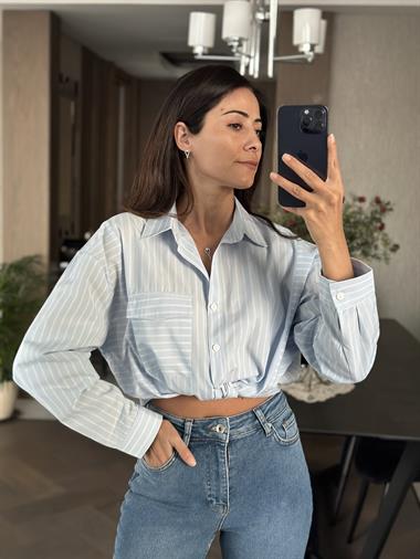 Mavi Tek Cepli Çizgili Poplin Kadın Gömlek