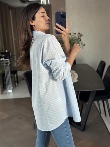 Mavi Tek Cepli Çizgili Poplin Kadın Gömlek