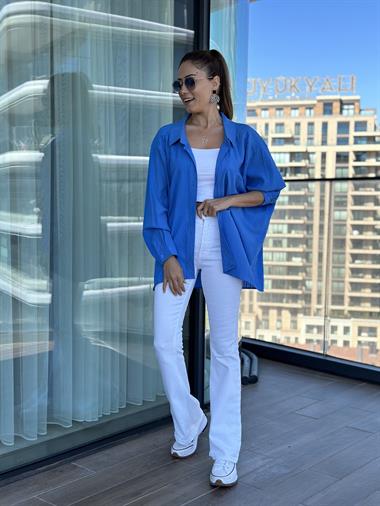 Mavi Tek Cepli Dokulu Salaş Kadın Gömlek