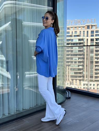 Mavi Tek Cepli Dokulu Salaş Kadın Gömlek