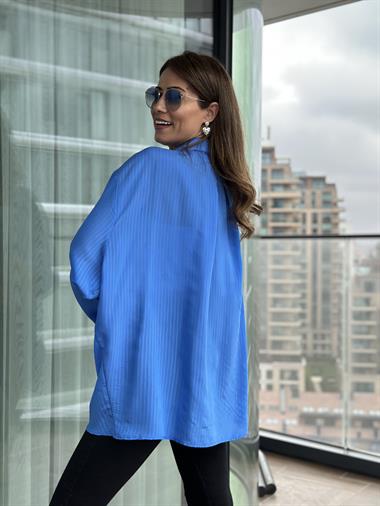Mavi Tek Cepli Oversize Kadın Gömlek