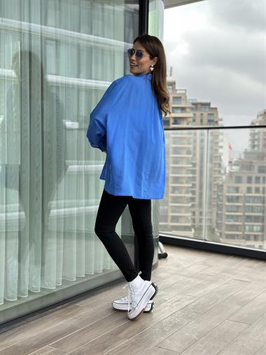 Mavi Tek Cepli Oversize Kadın Gömlek