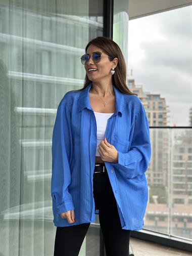 Mavi Tek Cepli Oversize Kadın Gömlek