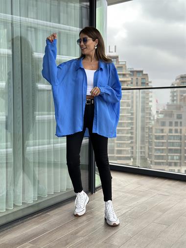 Mavi Tek Cepli Oversize Kadın Gömlek