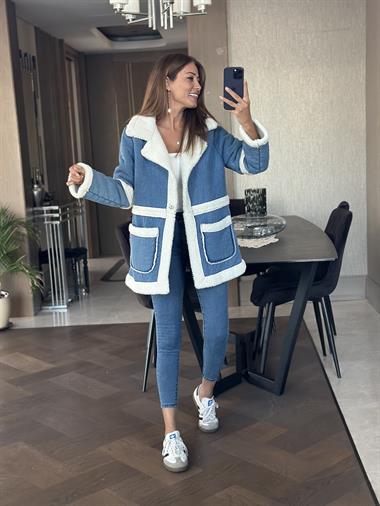 Mavi Tek Çıtlı Kıvırcık Lamineli Uzun Kadın Mont
