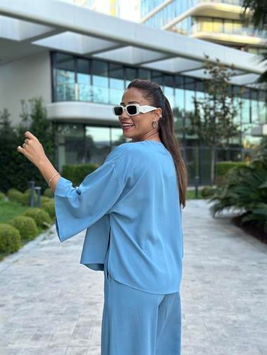 Mavi Tek Düğmeli Kimono Pantolon Keten Kadın Alt Üst Takım